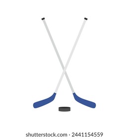 two crossed hockey sticks and a puck flat design vector illustration. Hockey sticks, cues with puck isolated on white background. Sport equipment symbol