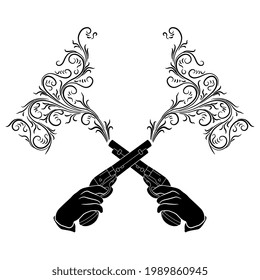 Two crossed human hands holding smoking vintage revolvers. Black and white silhouette. Creative concept for duel or conflict of opposites.