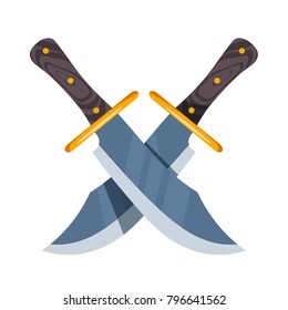 Two crossed hunter knife on white background. Vector illustration Cartoon style knives
