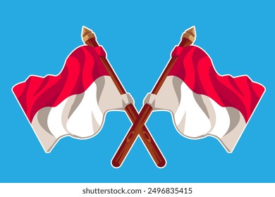 Dos banderas indonesias cruzadas en un fondo azul Feliz Día de la Independencia de Indonesia
