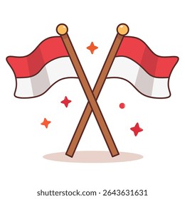 Two crossed Indonesian flags with wooden flagpoles and festive stars. Perfect for celebrating Indonesian Independence Day, national events, or patriotic themes.
