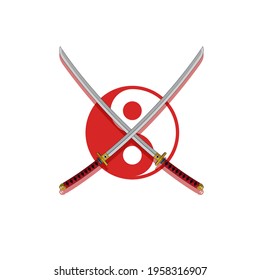 Zwei gekreuzte Katana auf weißem Hintergrund mit Yin-Yang-Illustration