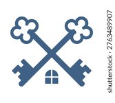 Two crossed keys above a simple house shape in a muted blue tone