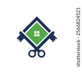 two crossed keys with a green diamond shape in the center, containing a small white window, symbolizing real estate or home security