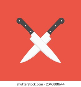 Two crossed knife in flat style. Kitchen knives isolated in red background.  Chef, kitchen symbol. Vintage Butcher's Tools. Design element for your shop, butchery or menu. Vector illustration EPS 10.