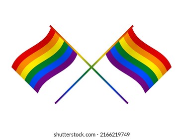 Dos cruzaron banderas del orgullo LGBT con palos para mantenerse aislados en un fondo blanco. Bandera arcoiris. Símbolo de la comunidad LGBT. Ilustración vectorial.