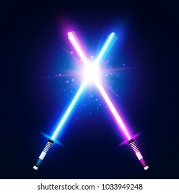 Two crossed light neon swords fight. Blue and purple crossing laser sabers war. Glowing rays in space. Battle elements with star, flash and particles. Colorful vector illustration.