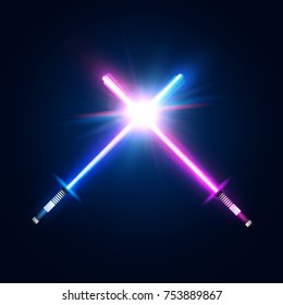 Two crossed light neon swords. Fight club logo or emblem. Blue and purple crossing laser rays. Glowing sabers in space. Design elements with flares and sparkles for your projects. Vector illustration.