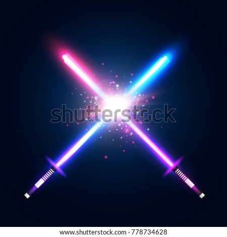 Two crossed light neon swords fight. Blue and violet crossing laser sabers war. Club logo or emblem. Glowing rays in space. Battle elements with star, flash and particles. Colorful vector illustration