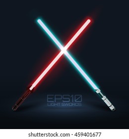 Two crossed light swords. Light blue and red lasers. Design elements for your projects. Vector illustration.