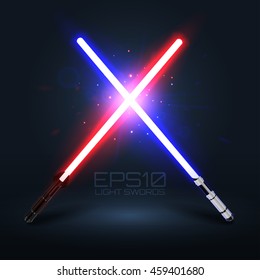 Two crossed light swords. Blue and red lasers. Design elements for your projects. Vector illustration.