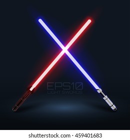 Two crossed light swords. Blue and red lasers. Design elements for your projects. Vector illustration.