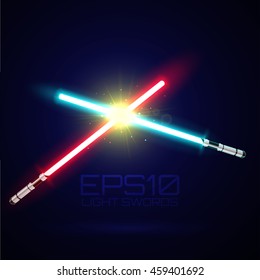 Two crossed light swords. Light blue and red lasers. Design elements for your projects. Vector illustration.