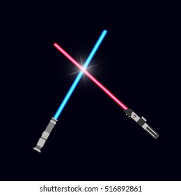 Two Crossed Light Swords. Blue and Red Crossing Lightsabers