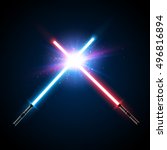 Two Crossed Light Swords Fight. Blue and Red Crossing Lasers. Design Elements for Your Projects. Vector illustration.