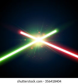Two Crossed Light Swords Fight. Green and Blue Crossing Lasers. Design Elements for Your Projects. Vector illustration.