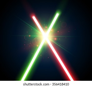 Two Crossed Light Swords Fight. Green and Blue Crossing Lasers. Design Elements for Your Projects. Vector illustration.