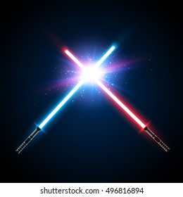 Two Crossed Light Swords Fight. Blue and Red Crossing Lasers. Design Elements for Your Projects. Vector illustration.