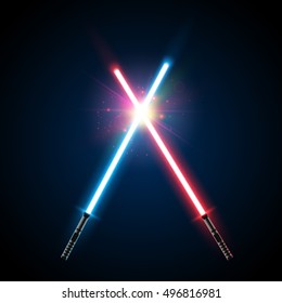 Two Crossed Light Swords Fight. Blue and Red Crossing Lasers. Design Elements for Your Projects. Vector illustration.