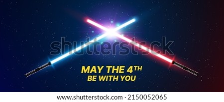 Two Crossed Light Swords Fight. Blue and Red Crossing Lasers. May the 4th Be With You Holiday Greetings Vector Illustration