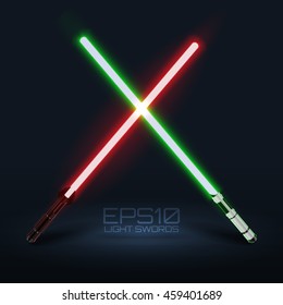 Two crossed light swords. Green and red lasers. Design elements for your projects. Vector illustration.