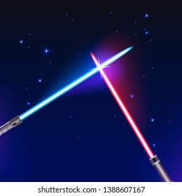 Two crossed light swords on dark blue background. Vector illustration.