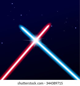 Two crossed light swords on night sky background. Vector illustration.