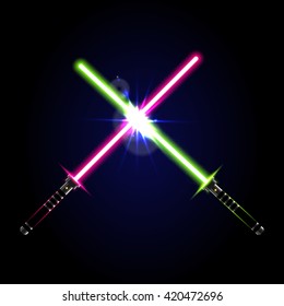 Two crossed light swords on night sky background. Vector illustration.
