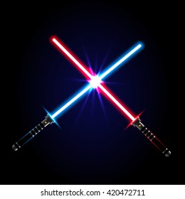Two crossed light swords on night sky background. Vector illustration.