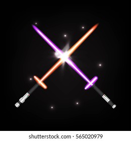 Two crossed light swords on night sky background. Vector illustration.