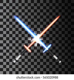 Two crossed light swords on night sky background. Vector illustration.