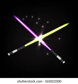 Two crossed light swords on night sky background. Vector illustration.