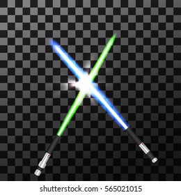 Two crossed light swords on night sky background. Vector illustration.