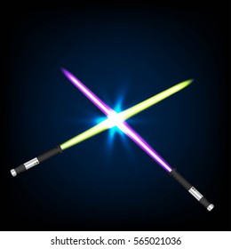 Two crossed light swords on night sky background. Vector illustration.