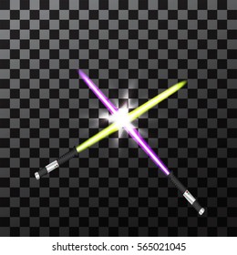 Two crossed light swords on night sky background. Vector illustration.