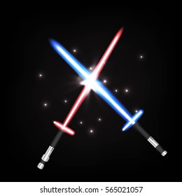 Two crossed light swords on night sky background. Vector illustration.
