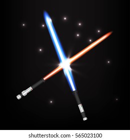 Two crossed light swords on night sky background. Vector illustration.