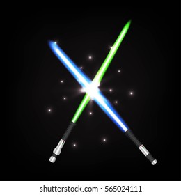 Two crossed light swords on night sky background. Vector illustration.
