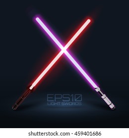 Two crossed light swords. Purple and red lasers. Design elements for your projects. Vector illustration.