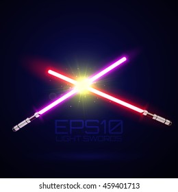 Two crossed light swords. Purple and red lasers. Design elements for your projects. Vector illustration.
