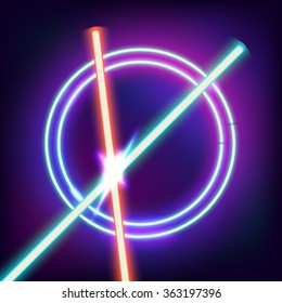 Two crossed Light swords. Red and blue sword in the night sky. Neon swords and neon circles in space. Flash contact. Vector illustration