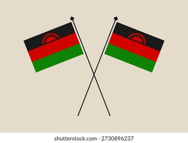 Duas bandeiras malauitas cruzadas em flagpoles, uma simples ilustração vetorial de patriotismo, diplomacia e representação africana.