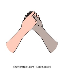 Two crossed man's hands symbolized conflict and arm wrestling or handshake as sign of friendship and teamwork