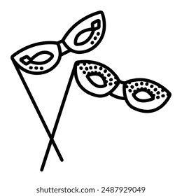 Two crossed masquerade masks with sticks, vector black line illustration, editable stroke