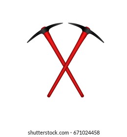 Two crossed mattocks in black design with red handle