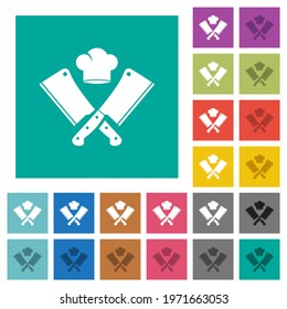 Two crossed meat cleavers and chef hat multi colored flat icons on plain square backgrounds. Included white and darker icon variations for hover or active effects.