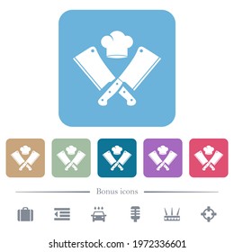 Two crossed meat cleavers and chef hat white flat icons on color rounded square backgrounds. 6 bonus icons included