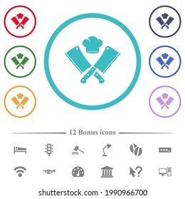 Two crossed meat cleavers and chef hat flat color icons in circle shape outlines. 12 bonus icons included.