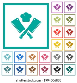 Two crossed meat cleavers and chef hat flat color icons with quadrant frames on white background