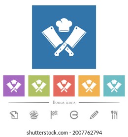 Two crossed meat cleavers and chef hat flat white icons in square backgrounds. 6 bonus icons included.